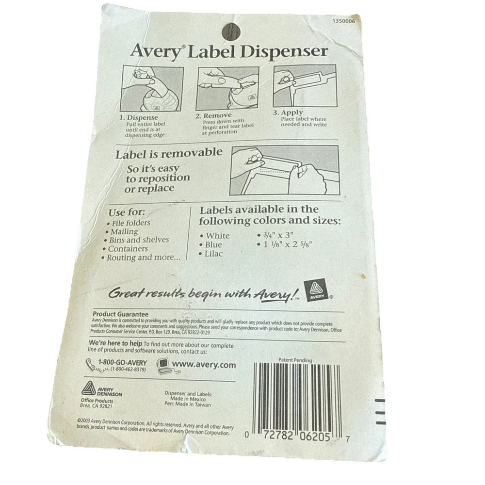 Avery Label Dispenser (6205) 1 1/8 x 2 5/8 - 190 Labels with Pen 2003 NEW-Sealed